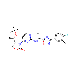 Cc1cc(-c2noc([C@@H](C)Nc3nccc(N4C(=O)OC[C@@H]4[C@@H](C)OC(C)(C)C)n3)n2)ccc1F ZINC000226089026