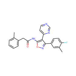 Cc1cc(-c2noc(NC(=O)Cc3ccccc3C)c2-c2ccncn2)ccc1F ZINC000035951162