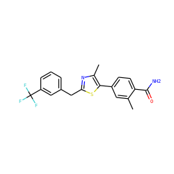 Cc1cc(-c2sc(Cc3cccc(C(F)(F)F)c3)nc2C)ccc1C(N)=O ZINC000198920402