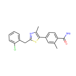 Cc1cc(-c2sc(Cc3ccccc3Cl)nc2C)ccc1C(N)=O ZINC001772642974