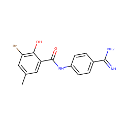 Cc1cc(Br)c(O)c(C(=O)Nc2ccc(C(=N)N)cc2)c1 ZINC000013444423