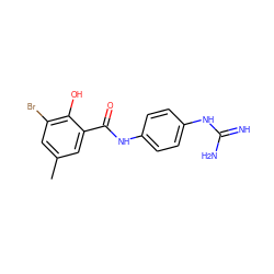 Cc1cc(Br)c(O)c(C(=O)Nc2ccc(NC(=N)N)cc2)c1 ZINC000013444470