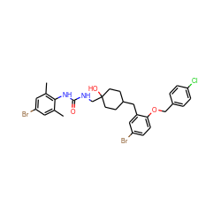 Cc1cc(Br)cc(C)c1NC(=O)NCC1(O)CCC(Cc2cc(Br)ccc2OCc2ccc(Cl)cc2)CC1 ZINC000150580830