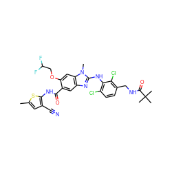 Cc1cc(C#N)c(NC(=O)c2cc3nc(Nc4c(Cl)ccc(CNC(=O)C(C)(C)C)c4Cl)n(C)c3cc2OCC(F)F)s1 ZINC000169703128