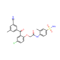 Cc1cc(C#N)cc(C(=O)c2cc(Cl)ccc2OCC(=O)Nc2ccc(S(N)(=O)=O)cc2C)c1 ZINC000013679772