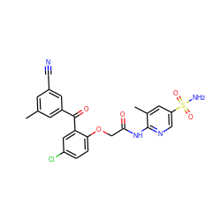 Cc1cc(C#N)cc(C(=O)c2cc(Cl)ccc2OCC(=O)Nc2ncc(S(N)(=O)=O)cc2C)c1 ZINC000013679750