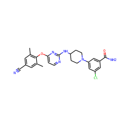 Cc1cc(C#N)cc(C)c1Oc1ccnc(NC2CCN(c3cc(Cl)cc(C(N)=O)c3)CC2)n1 ZINC000064539881