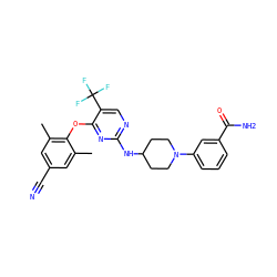 Cc1cc(C#N)cc(C)c1Oc1nc(NC2CCN(c3cccc(C(N)=O)c3)CC2)ncc1C(F)(F)F ZINC000064540848