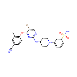 Cc1cc(C#N)cc(C)c1Oc1nc(NC2CCN(c3cccc(S(N)(=O)=O)c3)CC2)ncc1Br ZINC000064540266