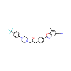 Cc1cc(C#N)cc2nc(-c3ccc(C[C@H](O)CN4CCN(c5ccc(C(F)(F)F)cc5)CC4)cc3)oc12 ZINC000066104432