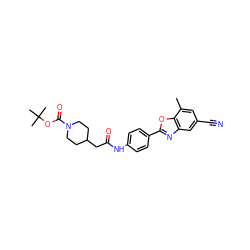 Cc1cc(C#N)cc2nc(-c3ccc(NC(=O)CC4CCN(C(=O)OC(C)(C)C)CC4)cc3)oc12 ZINC000066251550