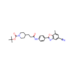 Cc1cc(C#N)cc2nc(-c3ccc(NC(=O)CCC4CCN(C(=O)OC(C)(C)C)CC4)cc3)oc12 ZINC000066251549