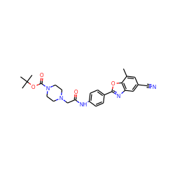 Cc1cc(C#N)cc2nc(-c3ccc(NC(=O)CN4CCN(C(=O)OC(C)(C)C)CC4)cc3)oc12 ZINC000066102455