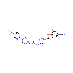 Cc1cc(C#N)cc2nc(-c3ccc(NC(=O)CN4CCN(c5ccc(C(F)(F)F)cn5)CC4)cc3)oc12 ZINC000066066417