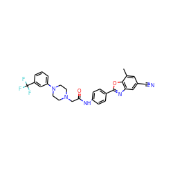 Cc1cc(C#N)cc2nc(-c3ccc(NC(=O)CN4CCN(c5cccc(C(F)(F)F)c5)CC4)cc3)oc12 ZINC000066112105