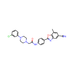Cc1cc(C#N)cc2nc(-c3ccc(NC(=O)CN4CCN(c5cccc(Cl)c5)CC4)cc3)oc12 ZINC000066105080