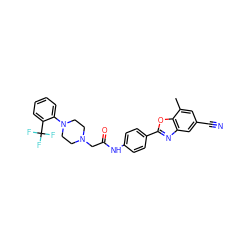 Cc1cc(C#N)cc2nc(-c3ccc(NC(=O)CN4CCN(c5ccccc5C(F)(F)F)CC4)cc3)oc12 ZINC000066112104