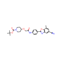 Cc1cc(C#N)cc2nc(-c3ccc(NC(=O)COC4CCN(C(=O)OC(C)(C)C)CC4)cc3)oc12 ZINC000066112534