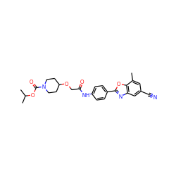 Cc1cc(C#N)cc2nc(-c3ccc(NC(=O)COC4CCN(C(=O)OC(C)C)CC4)cc3)oc12 ZINC000066262747
