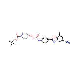 Cc1cc(C#N)cc2nc(-c3ccc(NC(=O)COC4CCN(C(=O)OCC(C)(C)C)CC4)cc3)oc12 ZINC000066263026