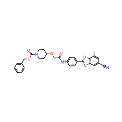 Cc1cc(C#N)cc2nc(-c3ccc(NC(=O)COC4CCN(C(=O)OCc5ccccc5)CC4)cc3)oc12 ZINC000066260063