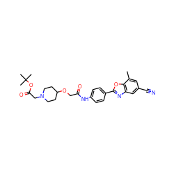 Cc1cc(C#N)cc2nc(-c3ccc(NC(=O)COC4CCN(CC(=O)OC(C)(C)C)CC4)cc3)oc12 ZINC000066260064