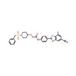 Cc1cc(C#N)cc2nc(-c3ccc(NC(=O)COC4CCN(S(=O)(=O)Cc5ccccc5)CC4)cc3)oc12 ZINC000066251548