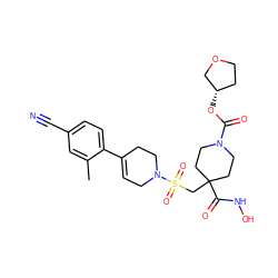 Cc1cc(C#N)ccc1C1=CCN(S(=O)(=O)CC2(C(=O)NO)CCN(C(=O)O[C@H]3CCOC3)CC2)CC1 ZINC000029039960