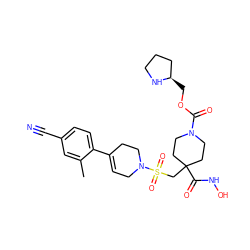 Cc1cc(C#N)ccc1C1=CCN(S(=O)(=O)CC2(C(=O)NO)CCN(C(=O)OC[C@@H]3CCCN3)CC2)CC1 ZINC000029040147