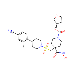 Cc1cc(C#N)ccc1C1CCN(S(=O)(=O)CC2(C(=O)NO)CCN(C(=O)O[C@H]3CCOC3)CC2)CC1 ZINC000029039886