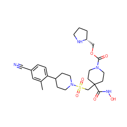 Cc1cc(C#N)ccc1C1CCN(S(=O)(=O)CC2(C(=O)NO)CCN(C(=O)OC[C@H]3CCCN3)CC2)CC1 ZINC000029040131