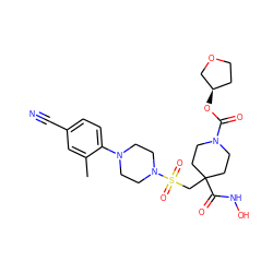 Cc1cc(C#N)ccc1N1CCN(S(=O)(=O)CC2(C(=O)NO)CCN(C(=O)O[C@@H]3CCOC3)CC2)CC1 ZINC000049878429