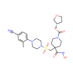 Cc1cc(C#N)ccc1N1CCN(S(=O)(=O)CC2(C(=O)NO)CCN(C(=O)O[C@H]3CCOC3)CC2)CC1 ZINC000029039952