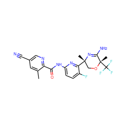 Cc1cc(C#N)cnc1C(=O)Nc1ccc(F)c([C@@]2(C)CO[C@@](C)(C(F)(F)F)C(N)=N2)n1 ZINC000167578714