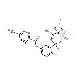 Cc1cc(C#N)cnc1C(=O)Nc1ccc(F)c([C@]2(C)CS(=O)(=O)C3(CN(C)C3)C(N)=N2)c1 ZINC000214089188