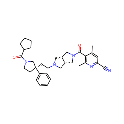 Cc1cc(C#N)nc(C)c1C(=O)N1C[C@@H]2CN(CC[C@]3(c4ccccc4)CCN(C(=O)C4CCCC4)C3)C[C@@H]2C1 ZINC000049762086