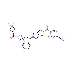 Cc1cc(C#N)nc(C)c1C(=O)N1C[C@@H]2CN(CCC3(c4ccccc4)CN(C(=O)C4CC(F)(F)C4)C3)C[C@@H]2C1 ZINC000049757263