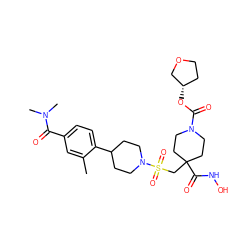 Cc1cc(C(=O)N(C)C)ccc1C1CCN(S(=O)(=O)CC2(C(=O)NO)CCN(C(=O)O[C@H]3CCOC3)CC2)CC1 ZINC000029039884