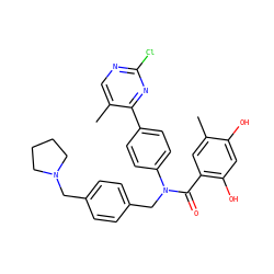 Cc1cc(C(=O)N(Cc2ccc(CN3CCCC3)cc2)c2ccc(-c3nc(Cl)ncc3C)cc2)c(O)cc1O ZINC000653757331