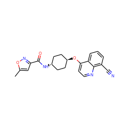 Cc1cc(C(=O)N[C@H]2CC[C@H](Oc3ccnc4c(C#N)cccc34)CC2)no1 ZINC001772581711