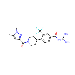 Cc1cc(C(=O)N2CCC(c3ccc(C(=O)N=C(N)N)cc3C(F)(F)F)CC2)nn1C ZINC000095555895