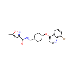 Cc1cc(C(=O)NC[C@H]2CC[C@H](Oc3ccnc4c(Br)cccc34)CC2)no1 ZINC001772657103