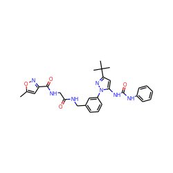 Cc1cc(C(=O)NCC(=O)NCc2cccc(-n3nc(C(C)(C)C)cc3NC(=O)Nc3ccccc3)c2)no1 ZINC000058523687