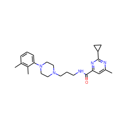 Cc1cc(C(=O)NCCCN2CCN(c3cccc(C)c3C)CC2)nc(C2CC2)n1 ZINC000064527452