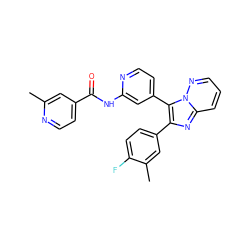 Cc1cc(C(=O)Nc2cc(-c3c(-c4ccc(F)c(C)c4)nc4cccnn34)ccn2)ccn1 ZINC000034661893