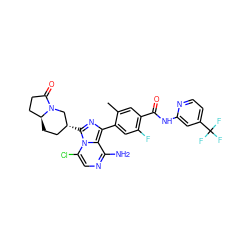 Cc1cc(C(=O)Nc2cc(C(F)(F)F)ccn2)c(F)cc1-c1nc([C@@H]2CC[C@H]3CCC(=O)N3C2)n2c(Cl)cnc(N)c12 ZINC000145389884