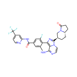 Cc1cc(C(=O)Nc2cc(C(F)(F)F)ccn2)cc(F)c1-c1nc([C@@H]2CC[C@H]3CCC(=O)N3C2)n2ccnc(N)c12 ZINC000145594786