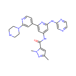 Cc1cc(C(=O)Nc2cc(Nc3cnccn3)nc(-c3ccnc(N4CCNCC4)c3)c2)n(C)n1 ZINC000084729615