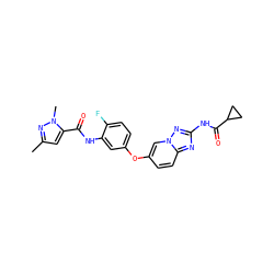 Cc1cc(C(=O)Nc2cc(Oc3ccc4nc(NC(=O)C5CC5)nn4c3)ccc2F)n(C)n1 ZINC000096273371