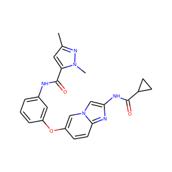 Cc1cc(C(=O)Nc2cccc(Oc3ccc4nc(NC(=O)C5CC5)cn4c3)c2)n(C)n1 ZINC000096273374